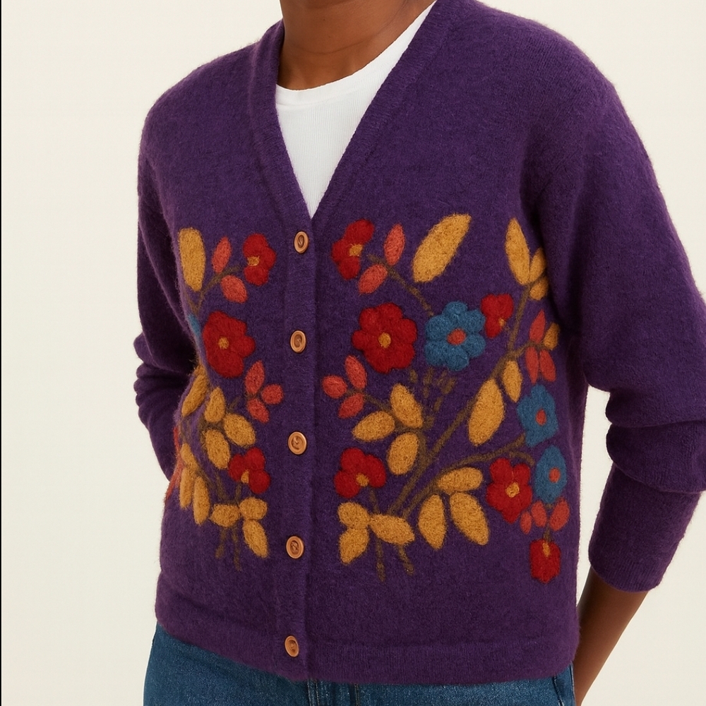 GAP Kids Purple 100% percent Wool Sweater Cardigan with Floral Design